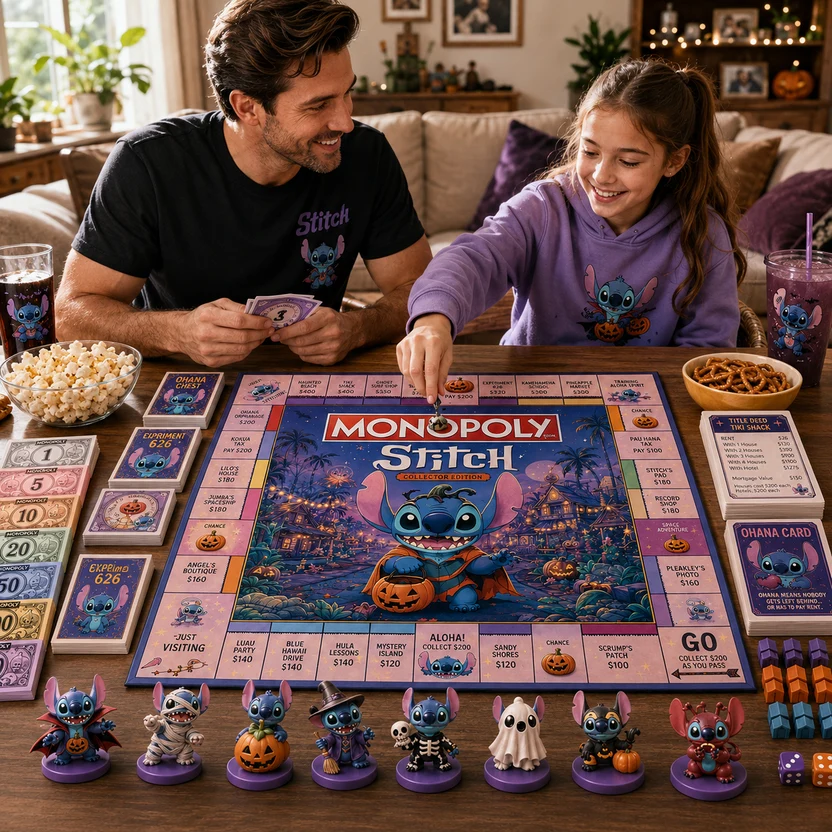 Stitch Halloween Monopoly Board Game - close-up of game box and cards