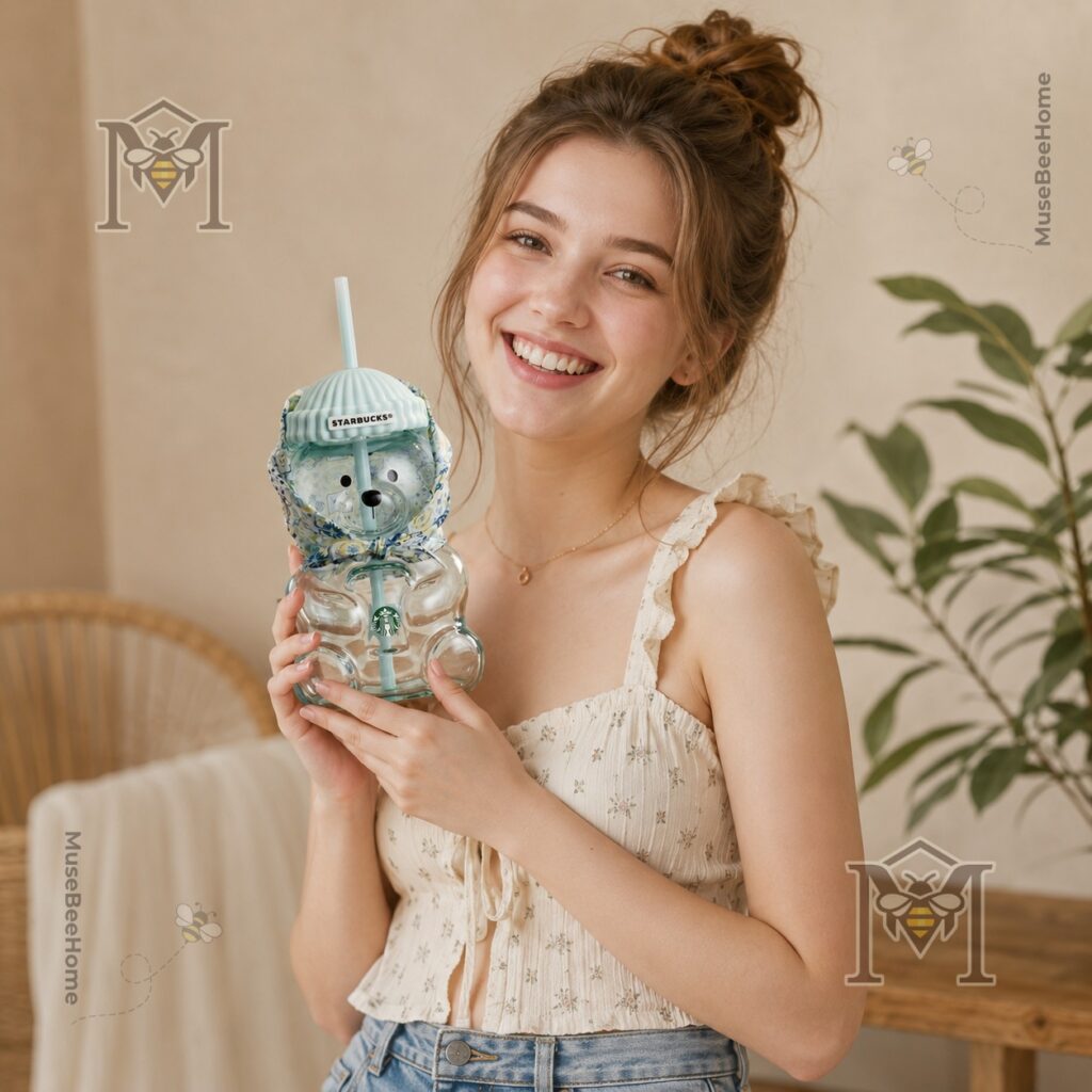 Summer Korea Starbucks Bearista Bear Glass Cup 2026 - close-up on mint lid and straw