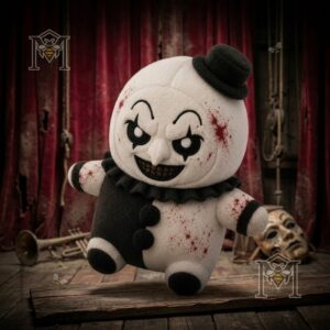 Terrifier Art the Clown Horror Movie Plush Toy - full body view standing on wood