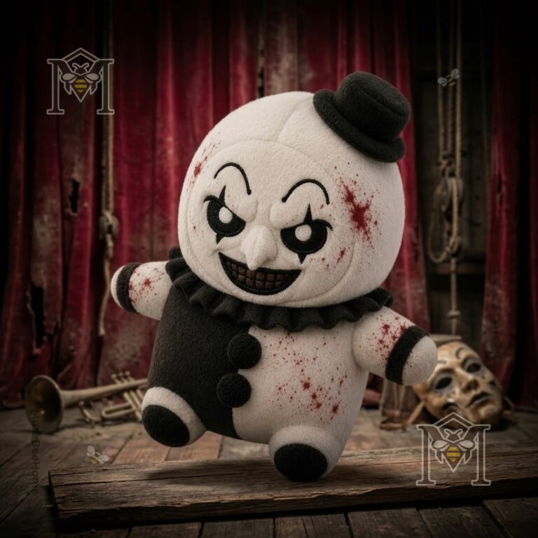 Terrifier Art the Clown Horror Movie Plush Toy - full body view standing on wood