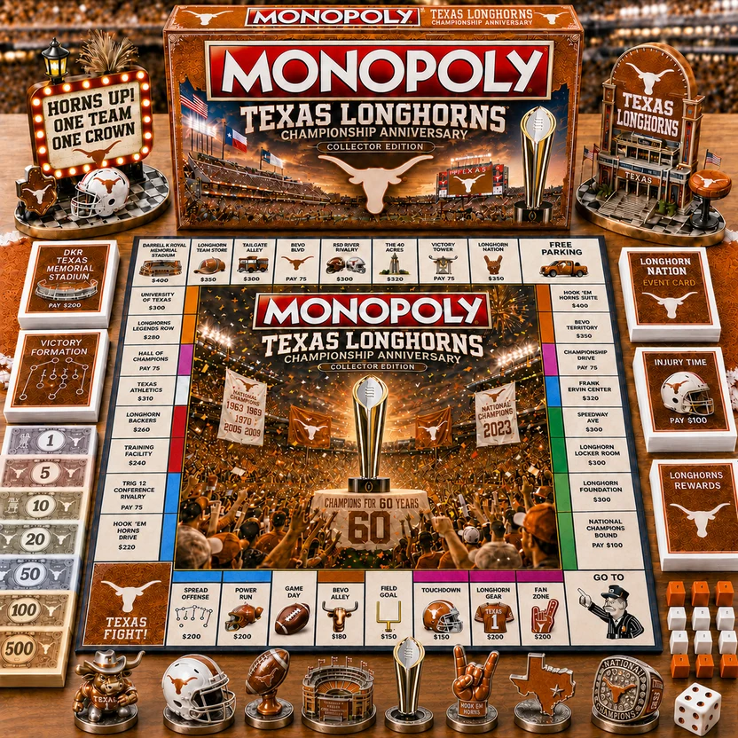 Texas Longhorns 60th Anniversary Championship Monopoly Board Game - full setup