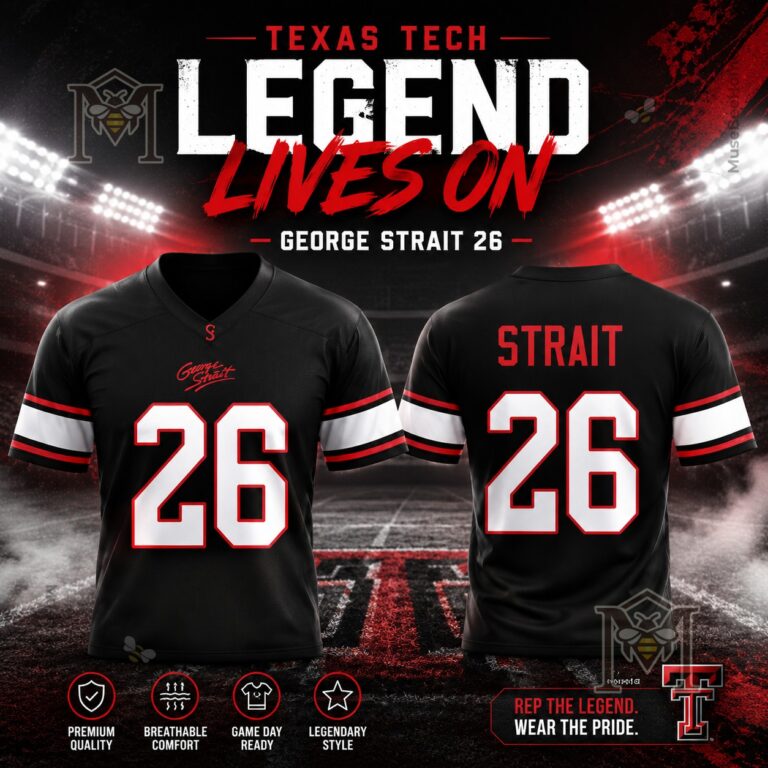 Texas Tech George Strait Legend Lives On 26 Football Jersey - front and back view with stadium lights