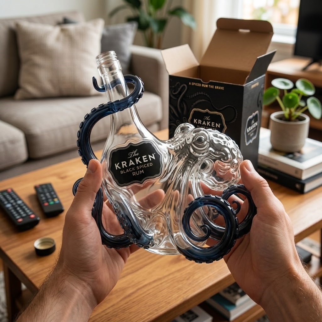 The Kraken Black Spiced Rum 3D Sculpted Octopus Collector Edition Bottle - partial view of bottle and