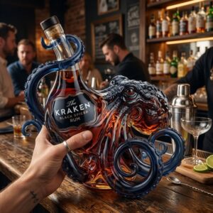 The Kraken Black Spiced Rum 3D Sculpted Octopus Collector Edition Bottle - close-up of collector box front