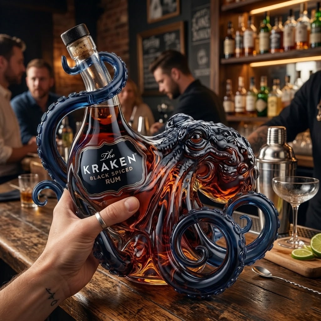 The Kraken Black Spiced Rum 3D Sculpted Octopus Collector Edition Bottle - close-up of collector box front