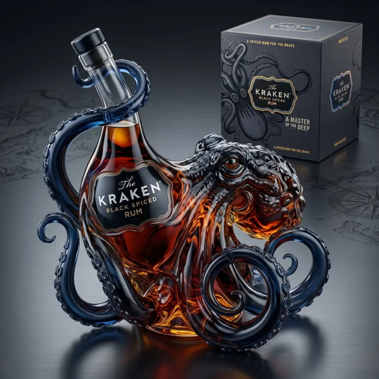 The Kraken Black Spiced Rum 3D Sculpted Octopus Collector Edition Bottle - full view with collector box