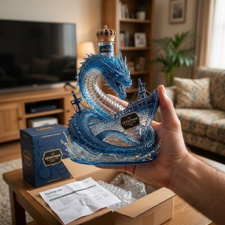 The Leviathan Black Spiced Rum Dragon Ship Bottle - close-up of the dragon's head and crown