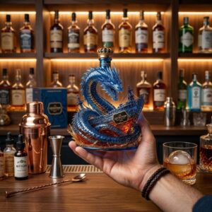 The Leviathan Black Spiced Rum Dragon Ship Bottle - angled view showing the ship and dragon design