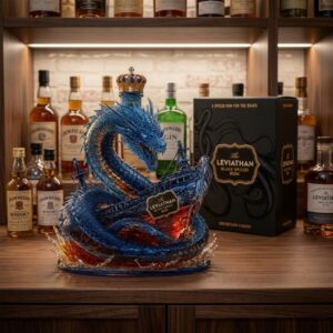 The Leviathan Black Spiced Rum Dragon Ship Bottle - side view highlighting the label and water effect