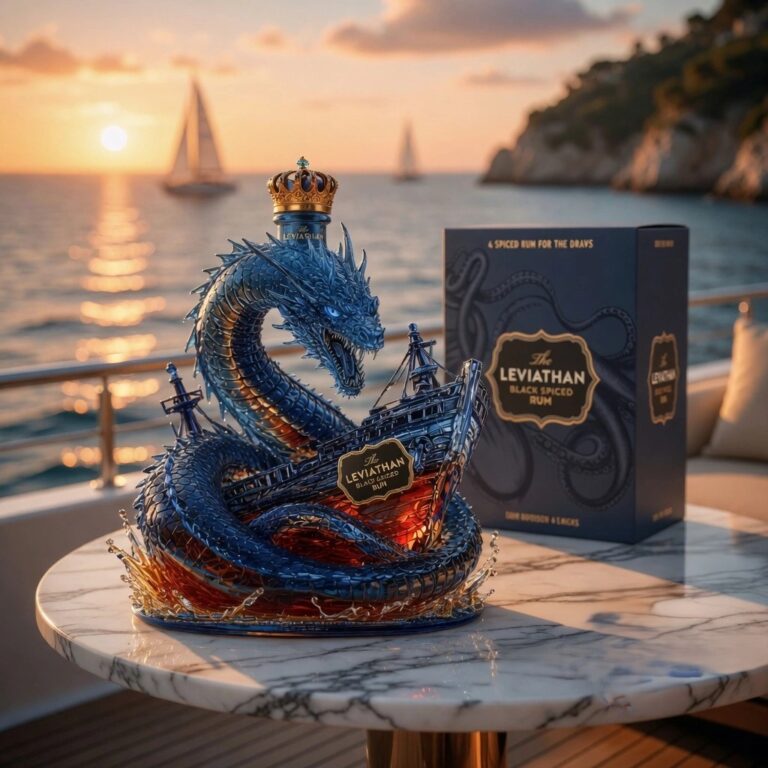 The Leviathan Black Spiced Rum Dragon Ship Bottle - full view with packaging on a yacht