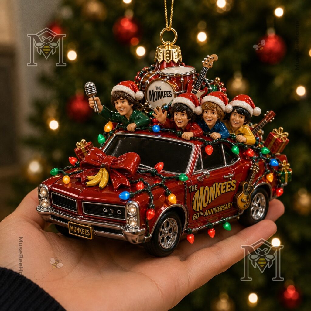 The Monkees 60th Anniversary Monkeemobile Pontiac GTO Christmas Ornament 2026 - close-up of band members and