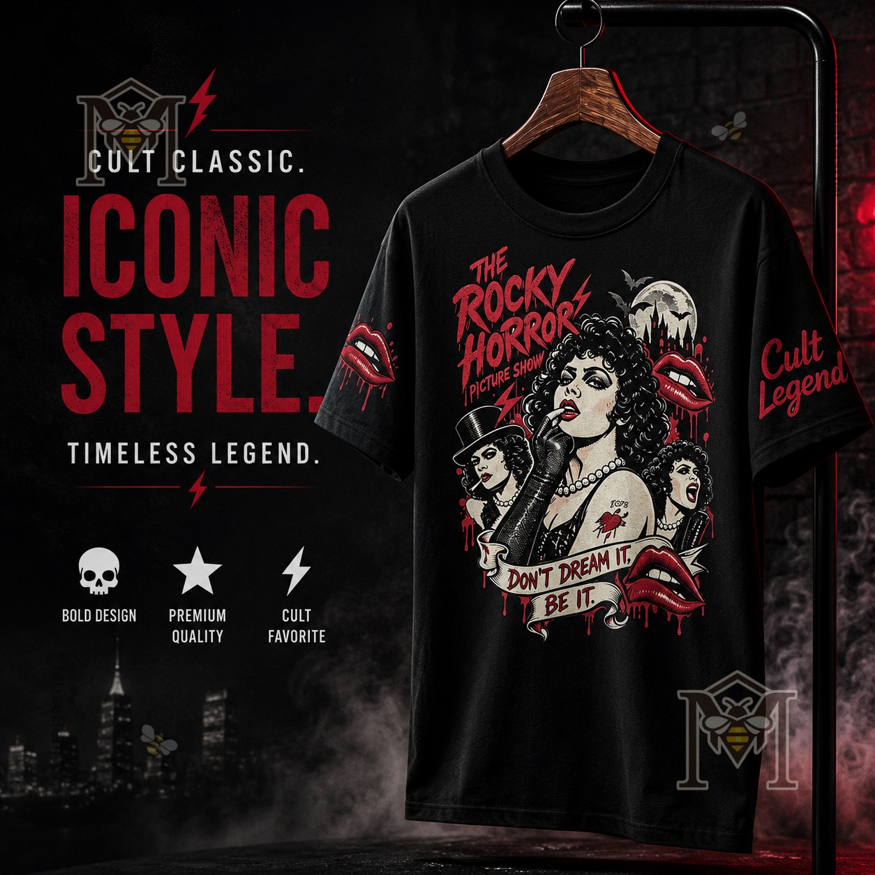 The Rocky Horror Picture Show Classic T-Shirt - front view on a hanger