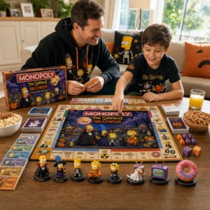 The Simpsons Halloween Board Game - close-up of the box, top right board, Moe's building, and Bart's tombstone