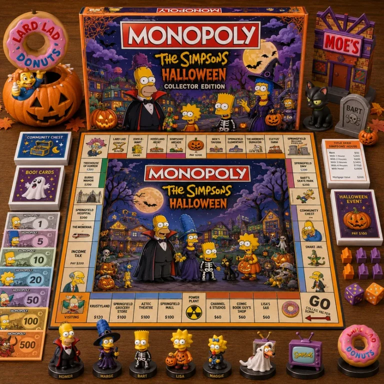 The Simpsons Halloween Board Game - full set laid out on a wooden table