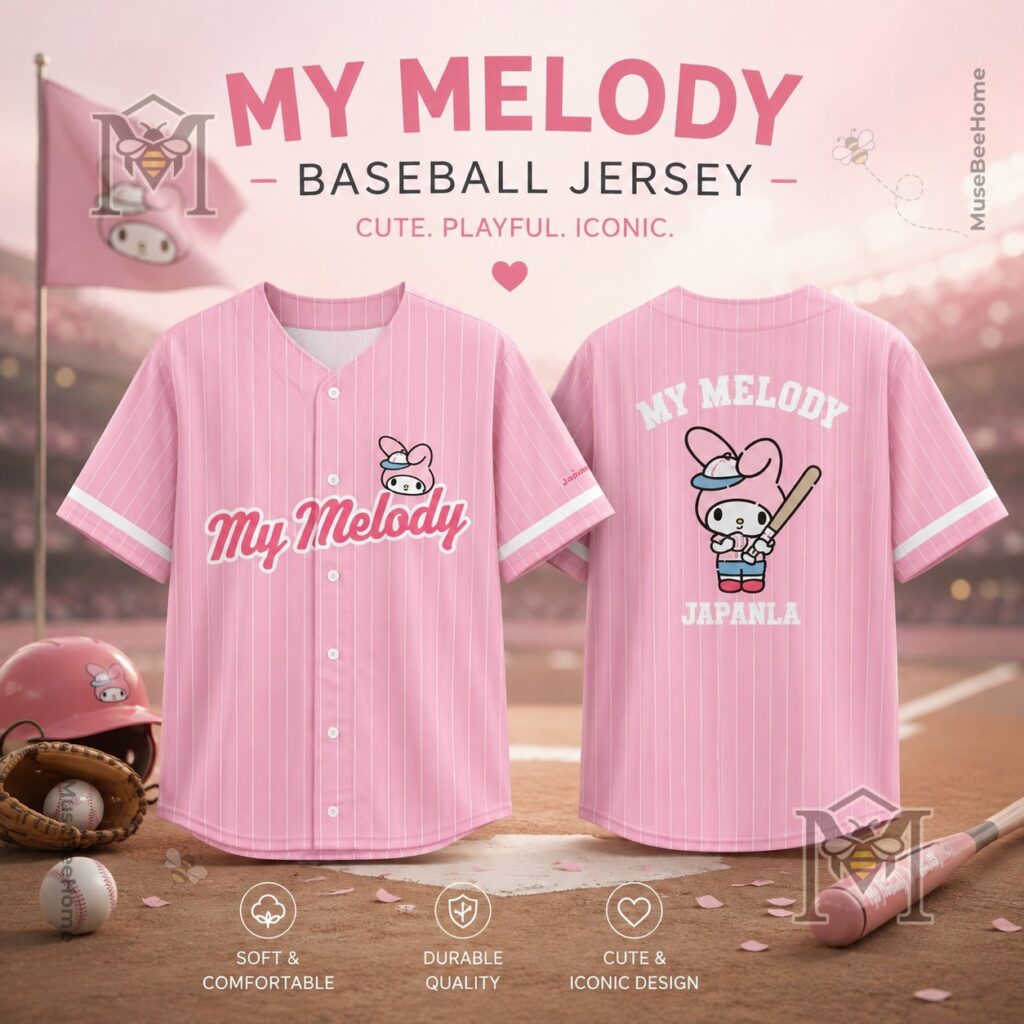 Timothée Chalamet My Melody x JapanLA Baseball Jersey – Front and back view on Timothée Chalamet My Melody x JapanLA Baseball Jersey - front and back view on baseball field