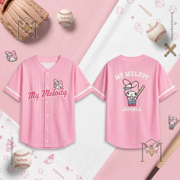 Timothée Chalamet My Melody x JapanLA Baseball Jersey - close-up front view with logo