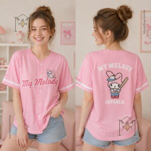 Timothée Chalamet My Melody x JapanLA Baseball Jersey - close-up back view with character design
