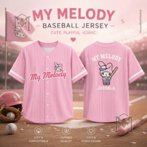 Timothée Chalamet My Melody x JapanLA Baseball Jersey - front and back view on baseball field
