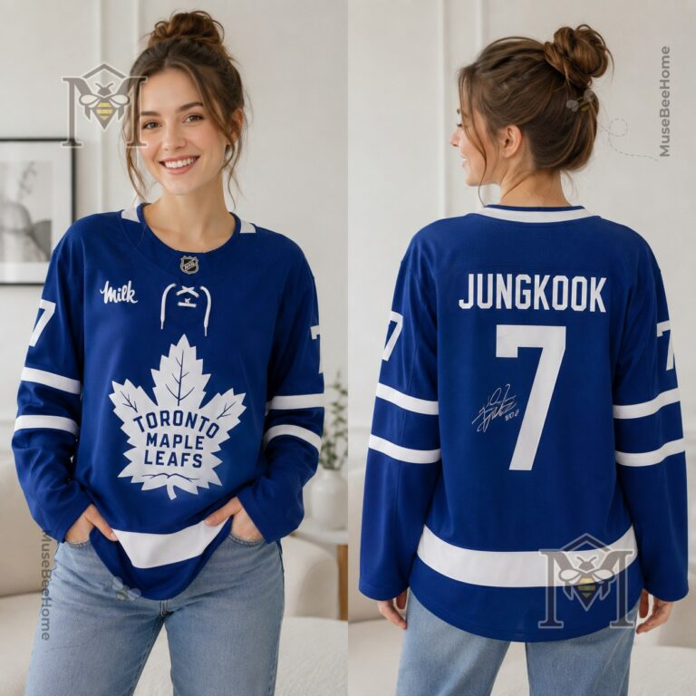 Close-up of Jimin and RM Toronto Maple Leafs BTS Hockey Jerseys