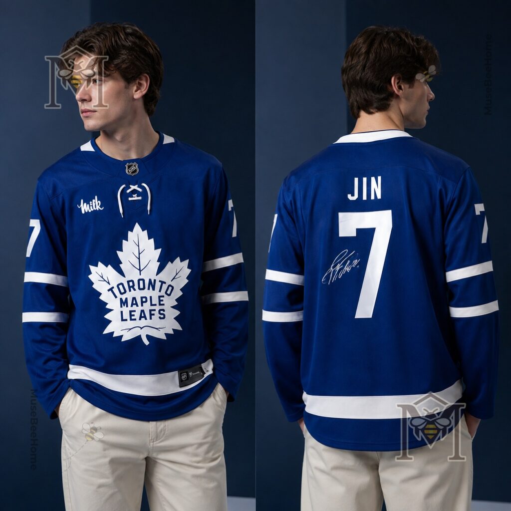 Close-up of V and J-Hope Toronto Maple Leafs BTS Hockey Jerseys