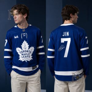 Close-up of V and J-Hope Toronto Maple Leafs BTS Hockey Jerseys