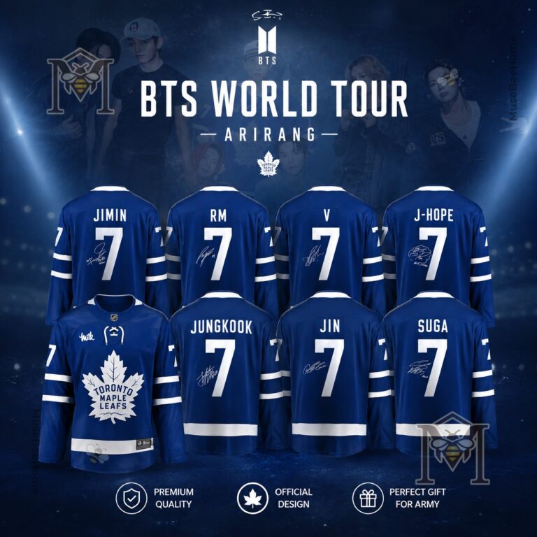 Toronto Maple Leafs BTS World Tour Arirang Hockey Jersey collection displayed