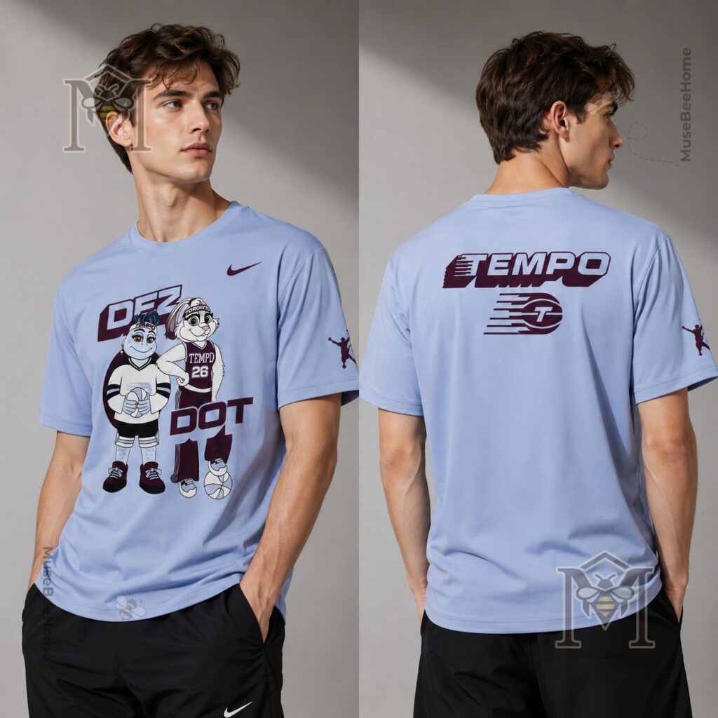 Toronto Tempo Mascots Dez & Dot T-Shirt - lower section of mascots, Dot name, and sponsor logo