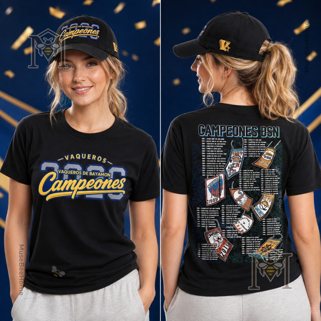 Vaqueros de Bayamon Campeones 2026 T-Shirt - close-up back view showing detailed championship list