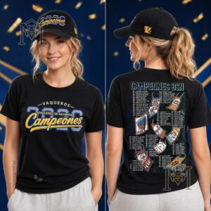 Vaqueros de Bayamon Campeones 2026 T-Shirt - close-up back view showing detailed championship list