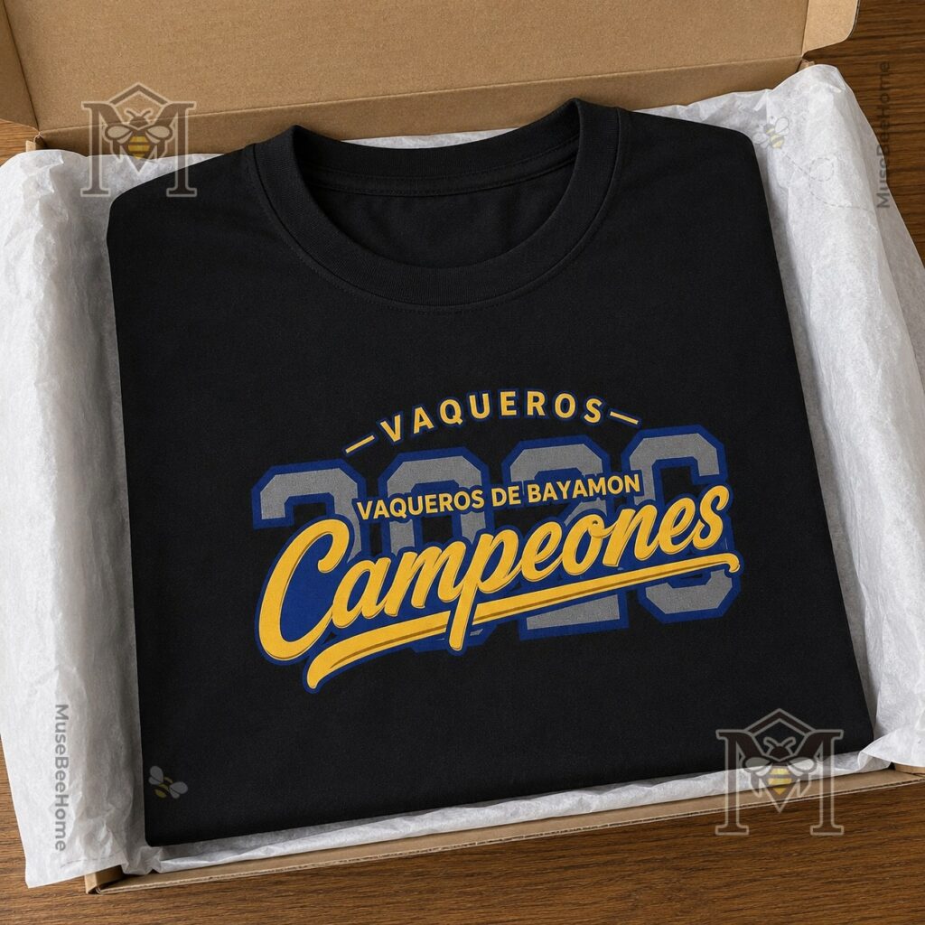 Vaqueros de Bayamon Campeones 2026 T-Shirt - front view of shirt and matching baseball cap