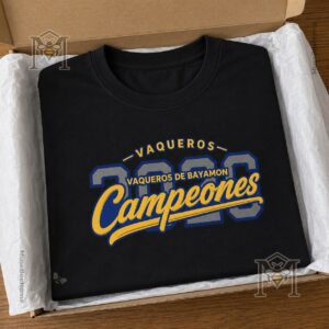 Vaqueros de Bayamon Campeones 2026 T-Shirt - front view of shirt and matching baseball cap