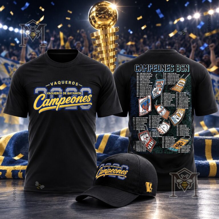 Vaqueros de Bayamon Campeones 2026 T-Shirt - full product view with cap and trophy background