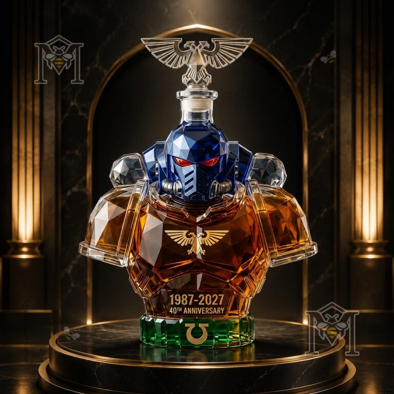 Warhammer 40K Ultramarines 40th Anniversary Whiskey Bottle Decanter - close-up of helmet and eagle stopper