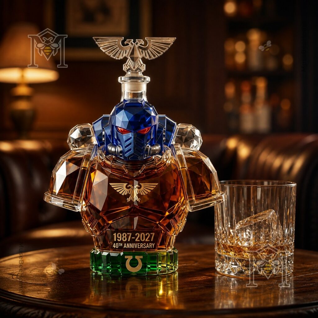 Warhammer 40K Ultramarines 40th Anniversary Whiskey Bottle Decanter - angled close-up of helmet and shoulders