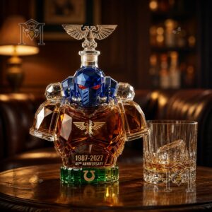 Warhammer 40K Ultramarines 40th Anniversary Whiskey Bottle Decanter - angled close-up of helmet and shoulders