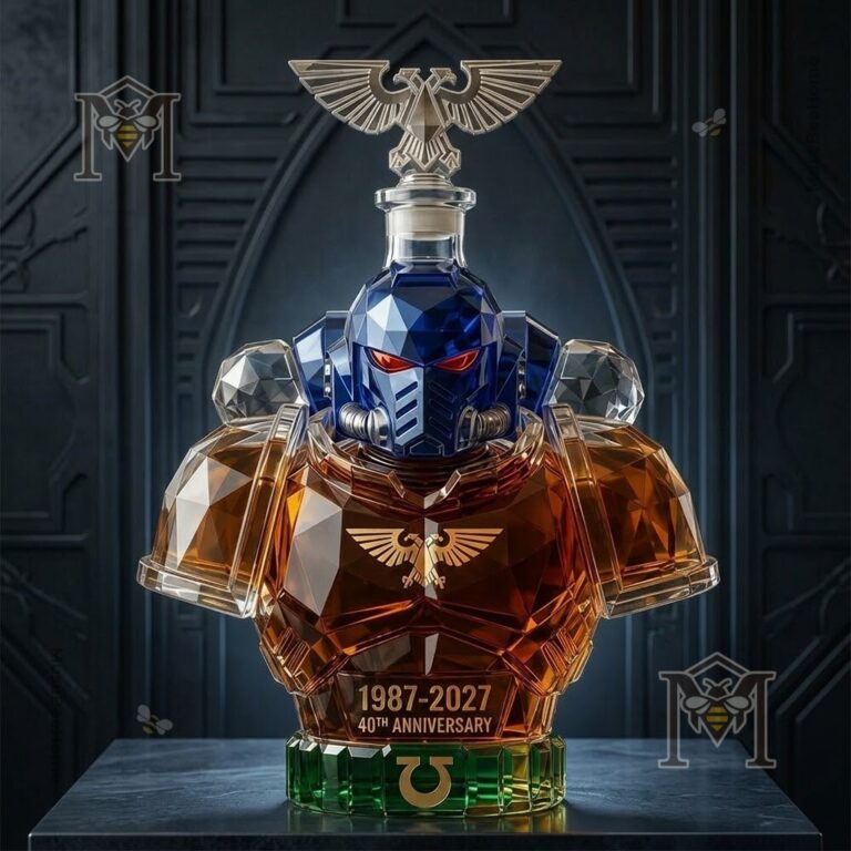 Warhammer 40K Ultramarines 40th Anniversary Whiskey Bottle Decanter - full front view