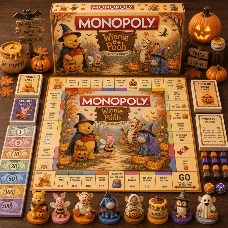 Winnie the Pooh Halloween Collector Edition Monopoly Board Game - full set display