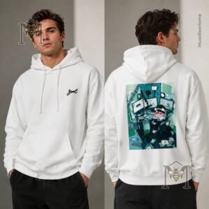 ZME Workspace Studio Desk Setup Graphic Pullover Hoodie - close-up of front design and hood
