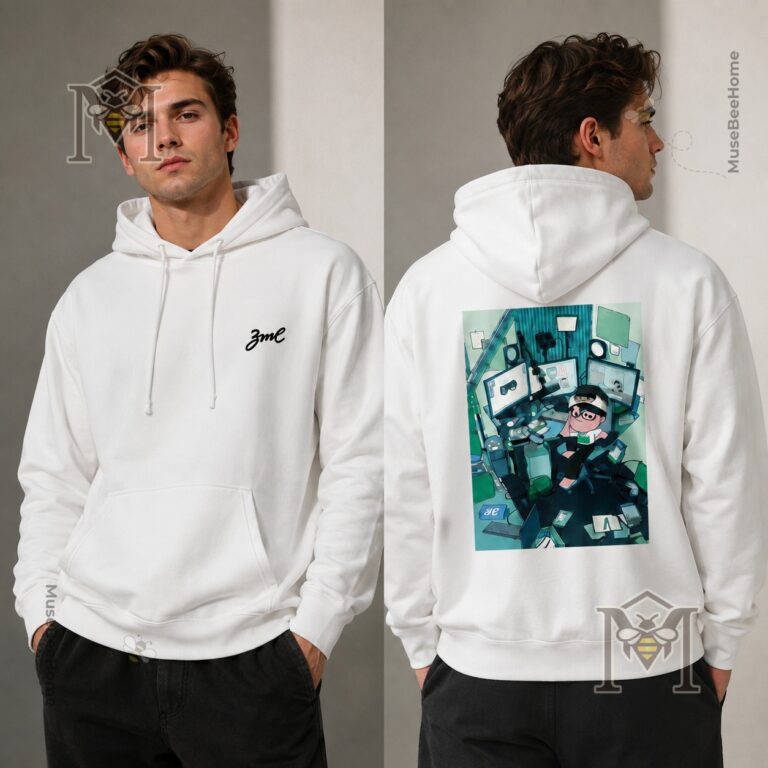 ZME Workspace Studio Desk Setup Graphic Pullover Hoodie - close-up of front design and hood
