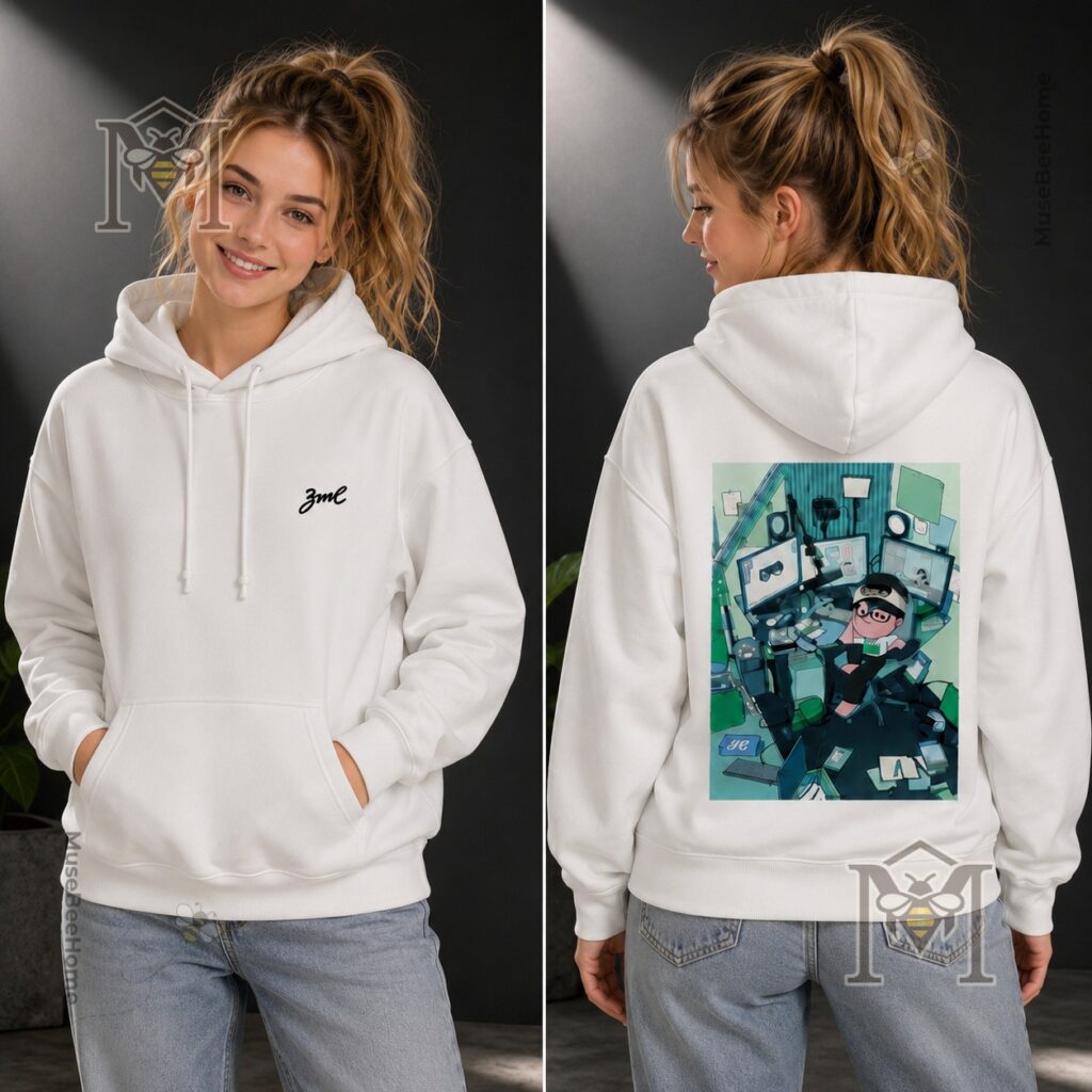 ZME Workspace Studio Desk Setup Graphic Pullover Hoodie - close-up of back graphic design