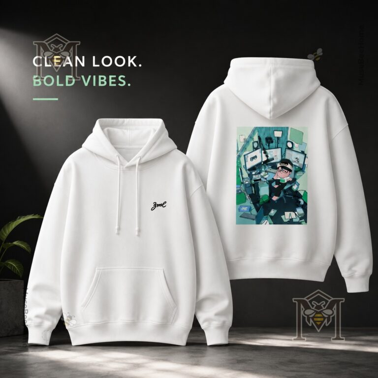 ZME Workspace Studio Desk Setup Graphic Pullover Hoodie - front and back display
