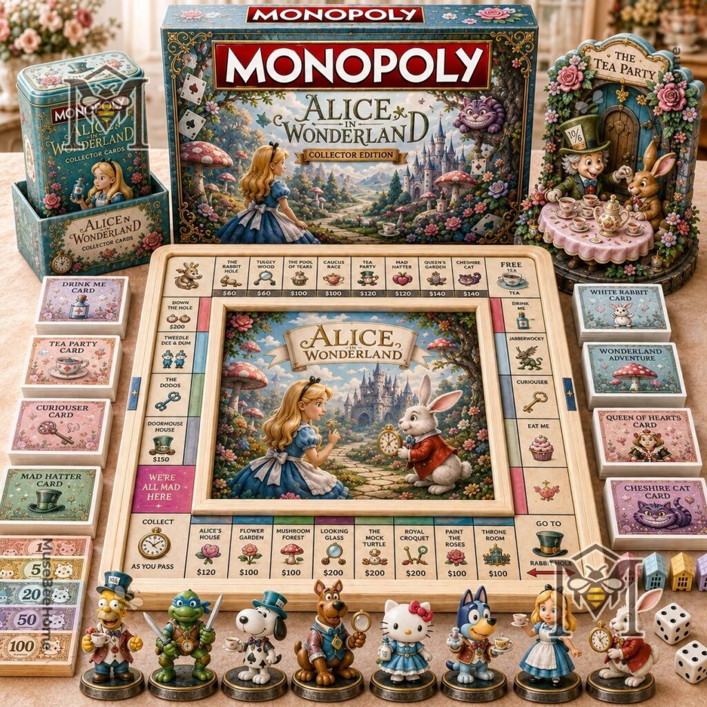 Alice in Wonderland Monopoly Board Game – Complete game display with board Alice in Wonderland Monopoly Board Game - complete game display with board and character figures