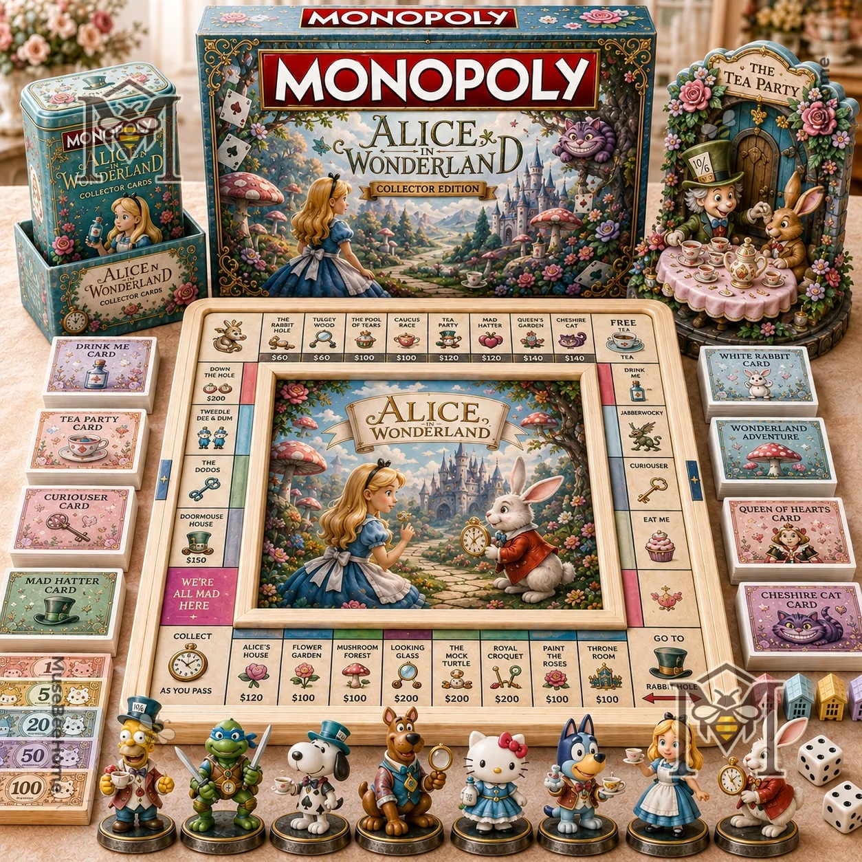 Alice in Wonderland Monopoly Board Game - complete game display with board and character figures