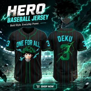 Anime Academy Inspired Custom Green Hero Baseball Jersey - front and back views with character artwork