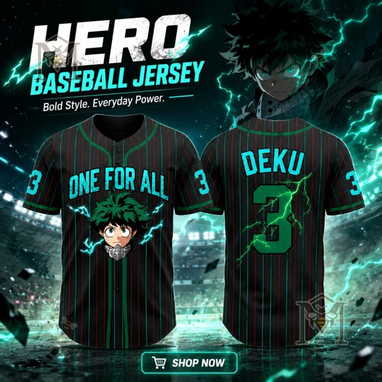 Anime Academy Inspired Custom Green Hero Baseball Jersey - front and back views with character artwork