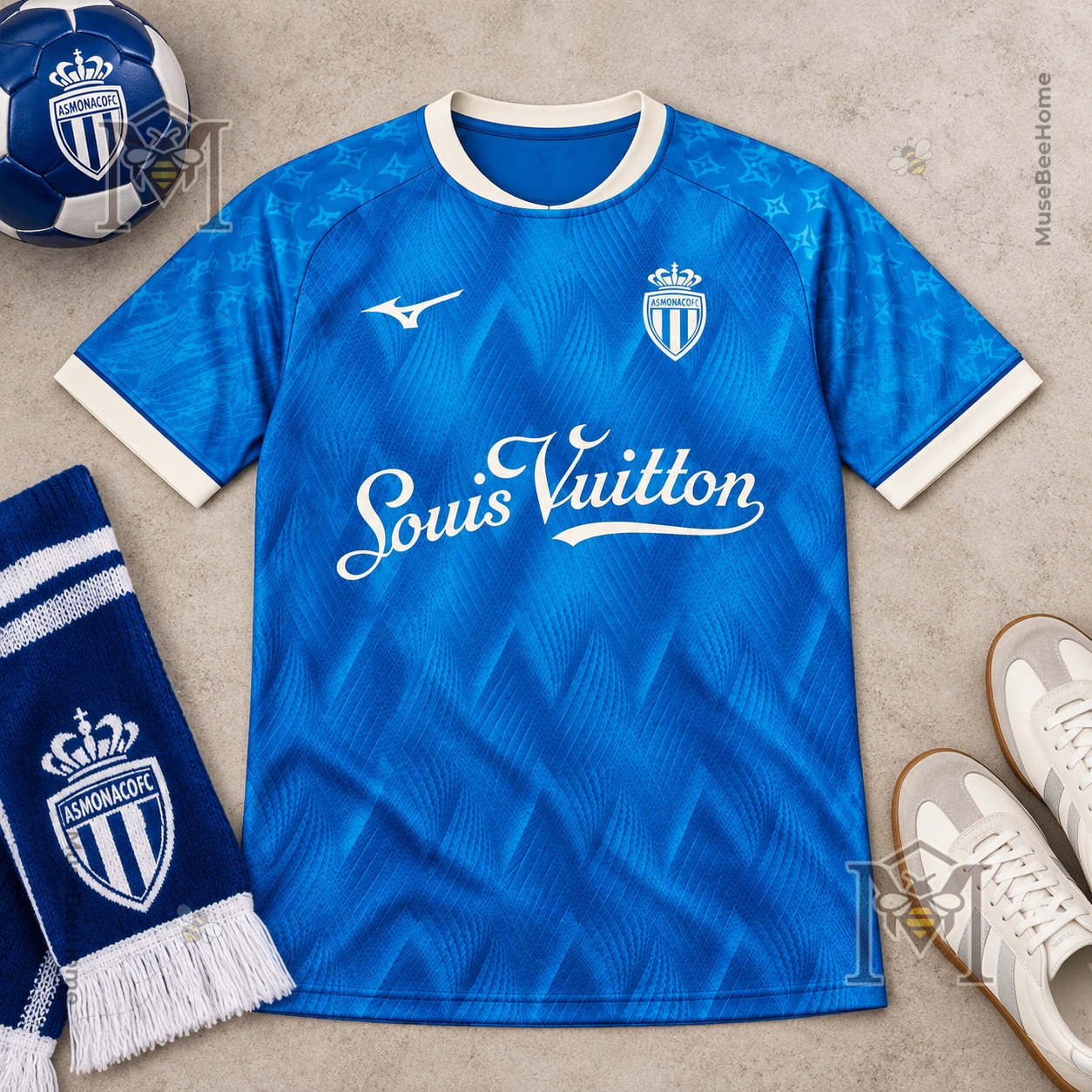 AS Monaco Football Club Louis Vuitton Jersey - front view with crest and monogram pattern