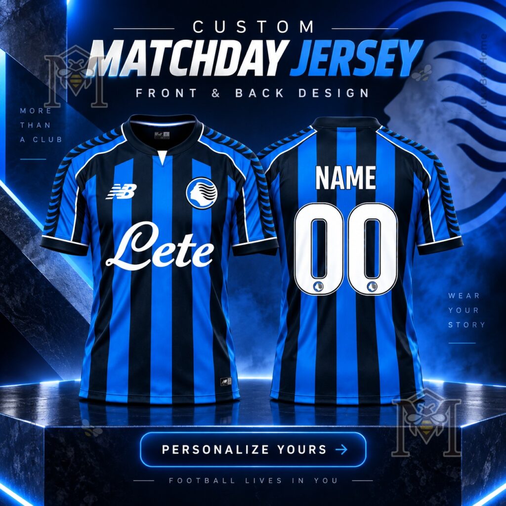 Atalanta Bergamasca Calcio Custom Home Kit Football Jersey – Front and back views Atalanta Bergamasca Calcio Custom Home Kit Football Jersey - front and back views
