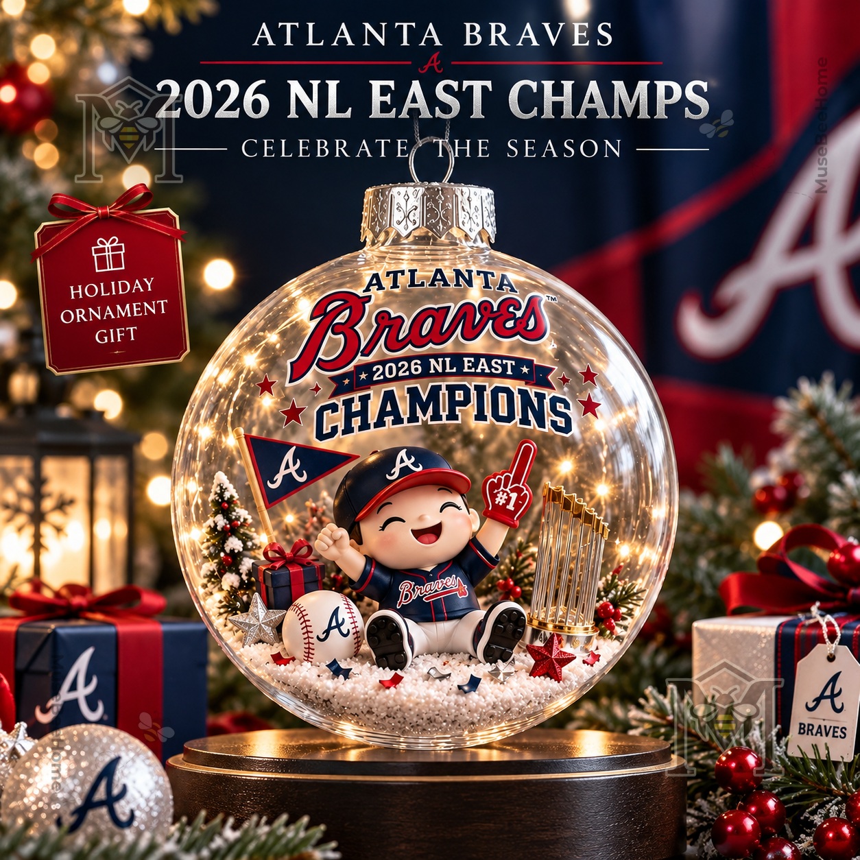 Atlanta Braves 2026 NL East Champions Snow Globe Ornament - front view with baseball character