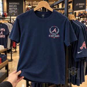 Atlanta Braves 2026 NL East Champions T-Shirt - navy shirt with Braves cap nearby