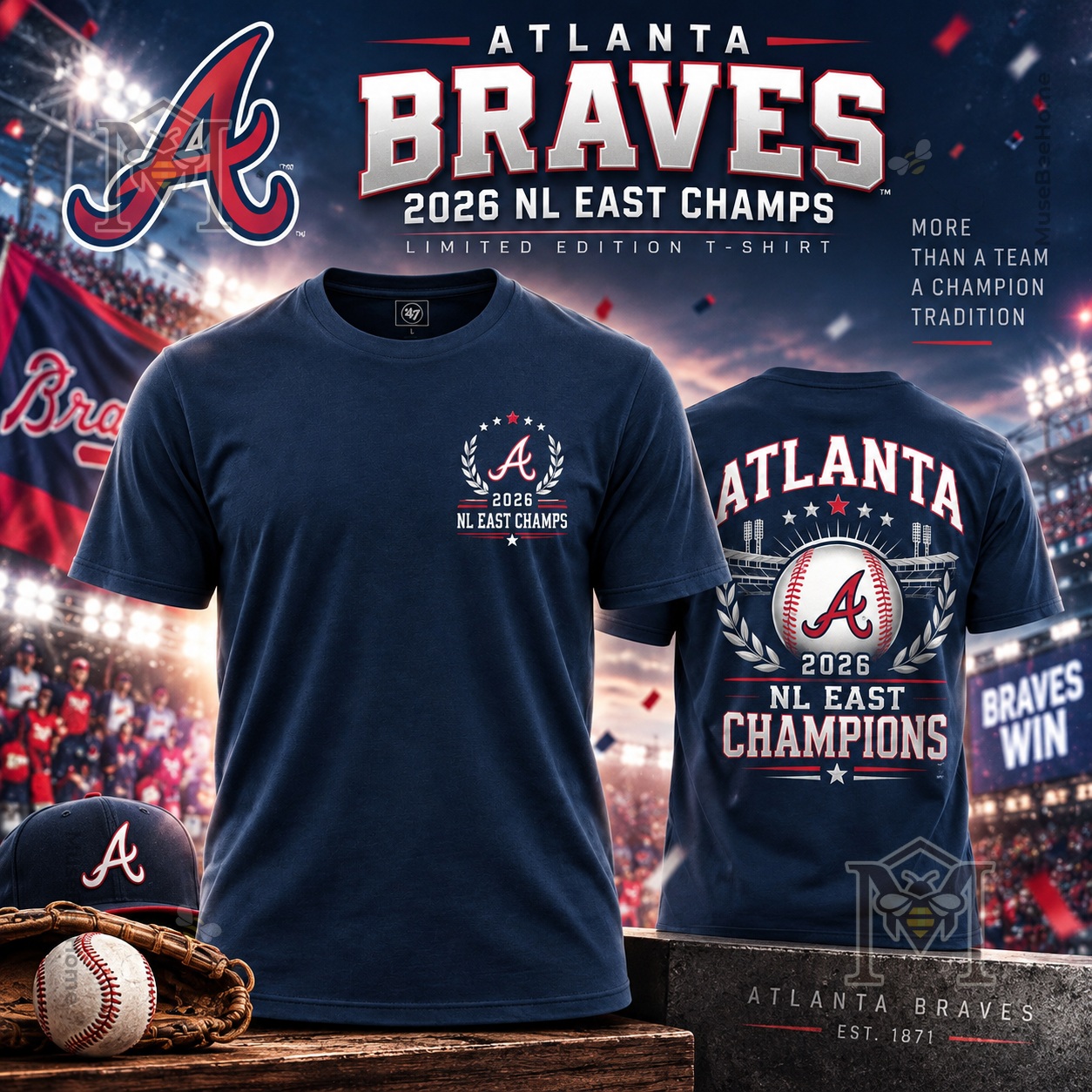 Atlanta Braves 2026 NL East Champions T-Shirt - front and back views